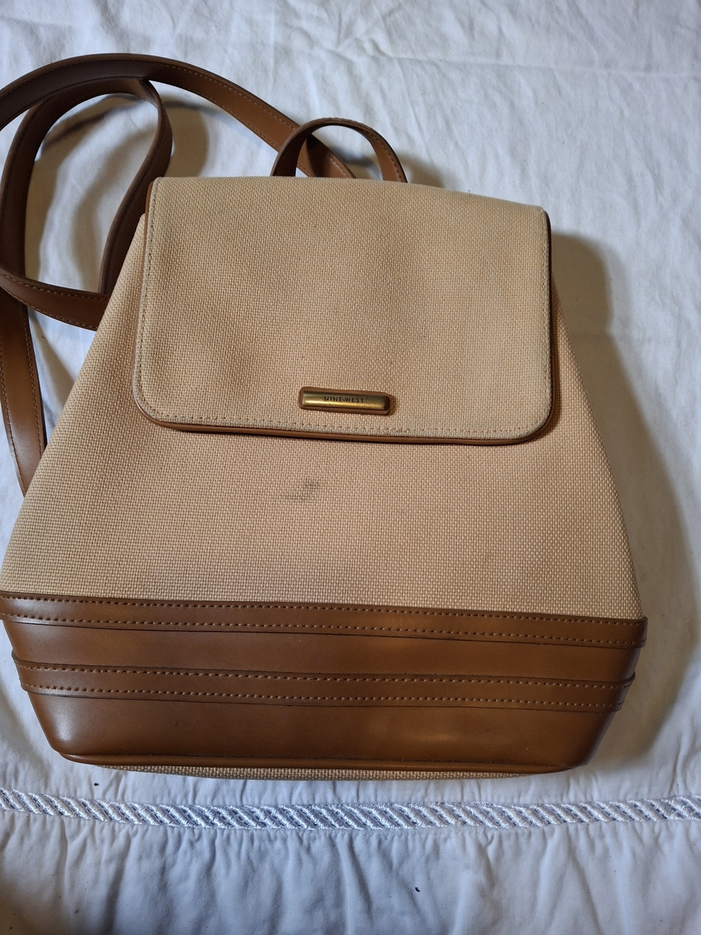 Nine West Beige Canvas Cognac Brown Backpack Purse